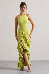 Lime Green Racer-Neck Ruffle Maxi Dress